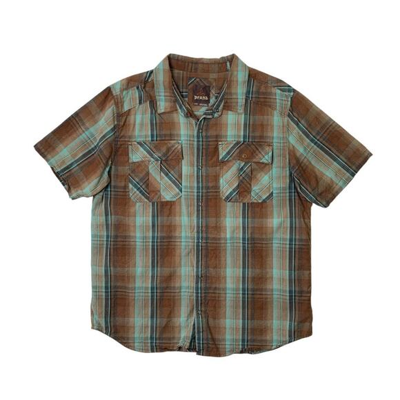 Prana Shirt Mens L Large Cotton Midas Snap Buttons Plaid Short Sleeve Western - Picture 1 of 11